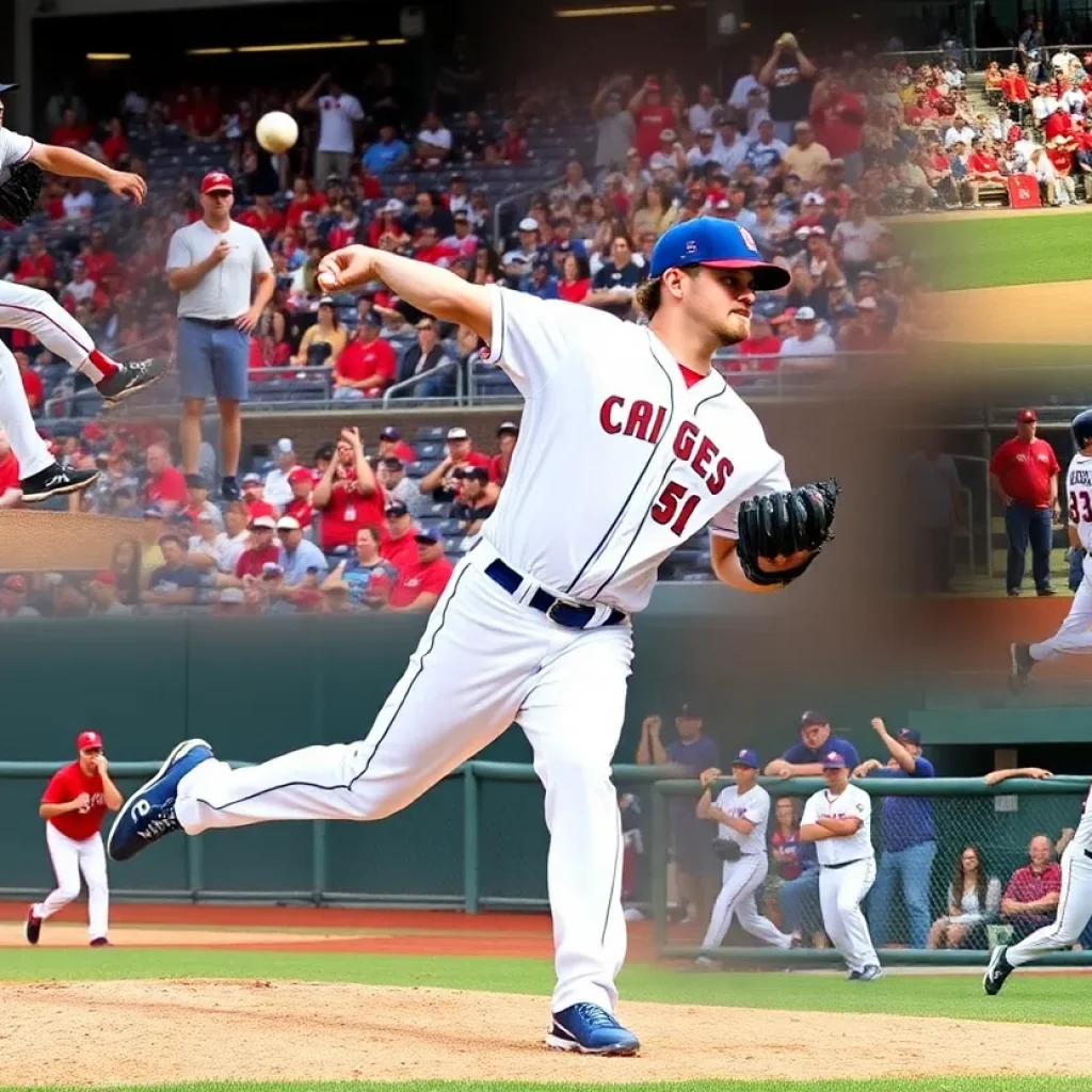 Action shot of a college baseball pitcher in a stadium