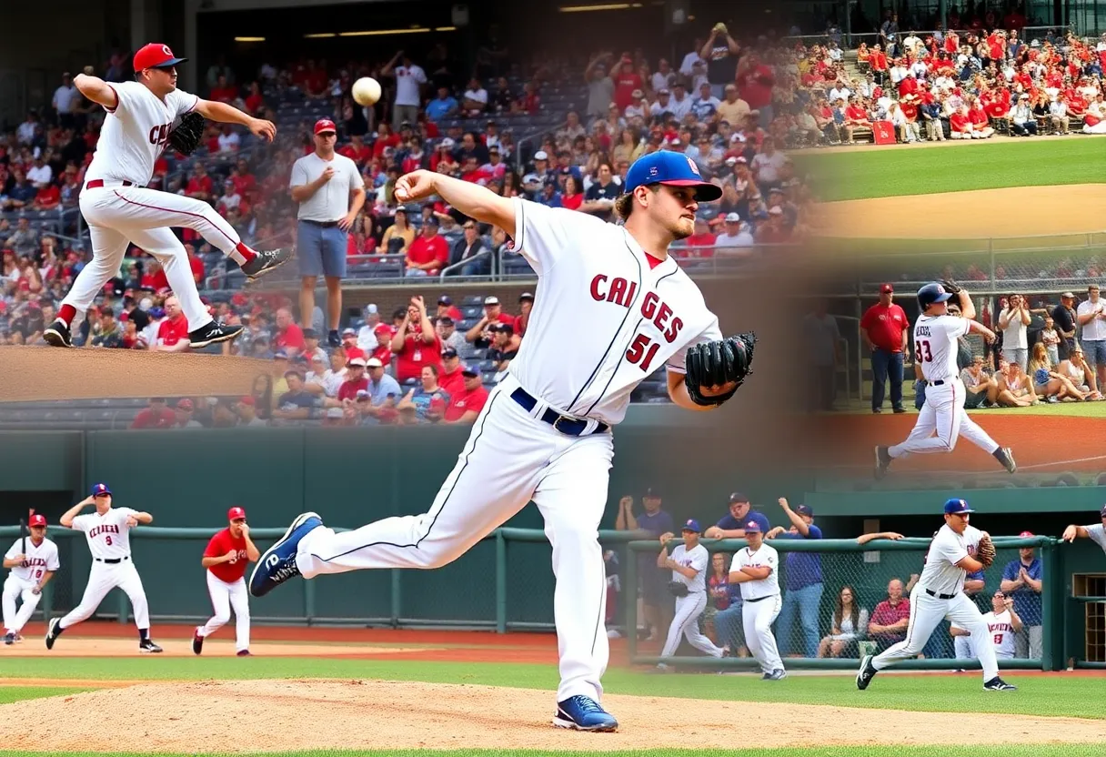 Action shot of a college baseball pitcher in a stadium