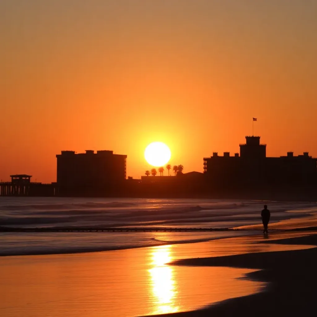 A picturesque sunset view over Coronado beach with Hotel del Coronado in silhouette.