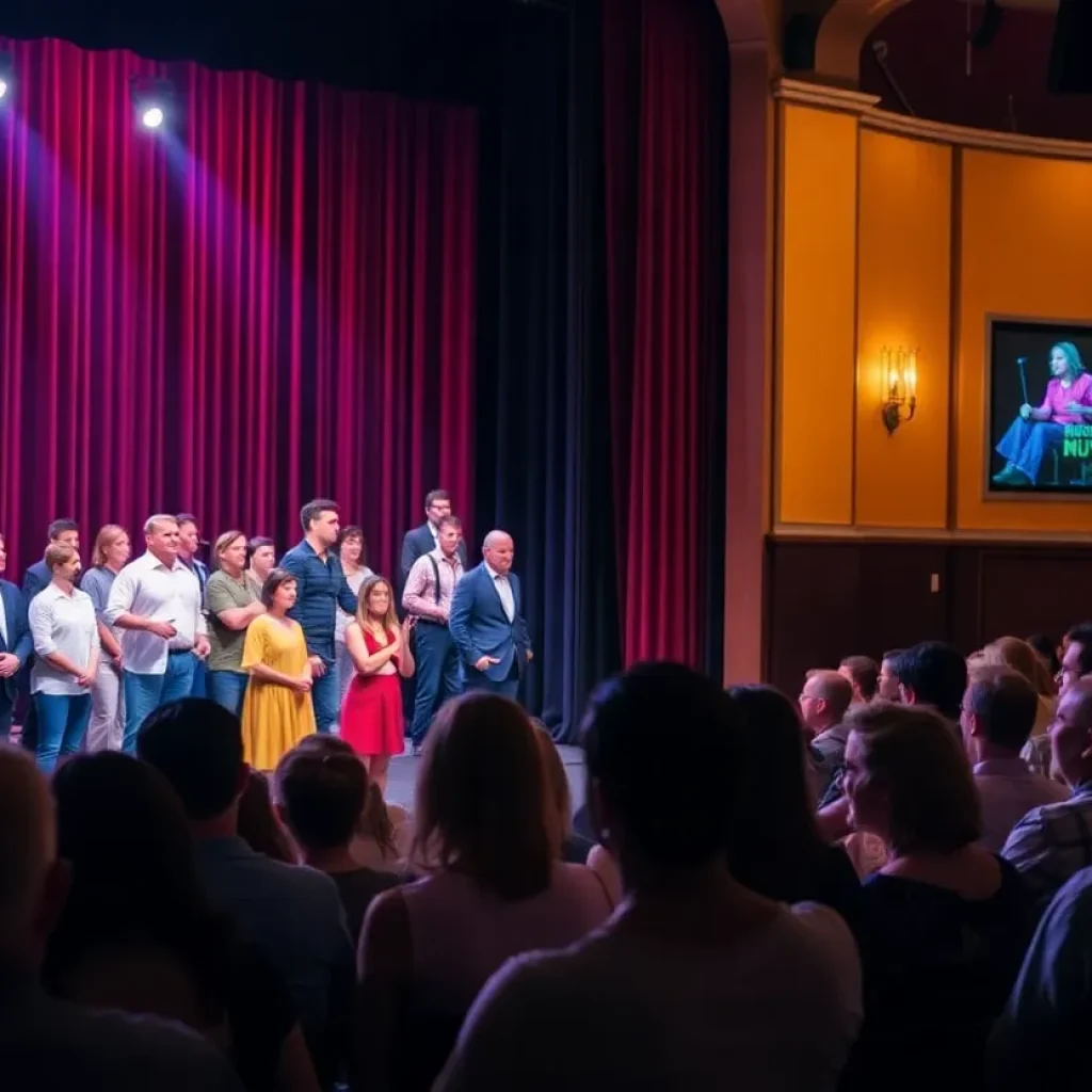 Actors performing on stage at a theater with audience applauding