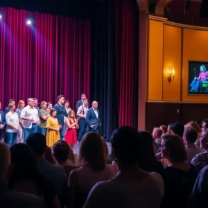 Actors performing on stage at a theater with audience applauding