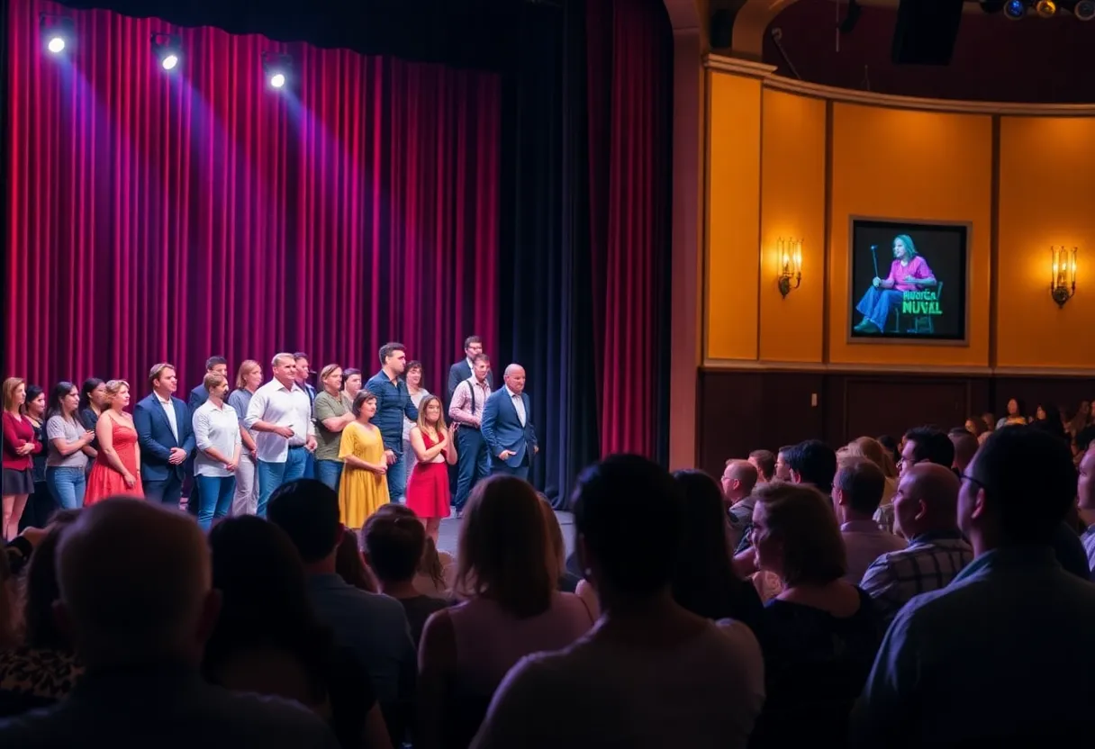 Actors performing on stage at a theater with audience applauding