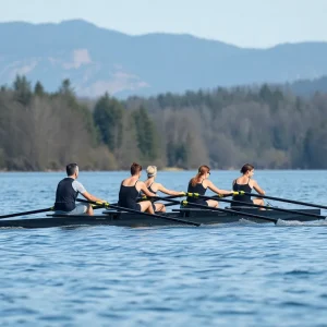 Rowers from the USD women's team competing in a regatta.
