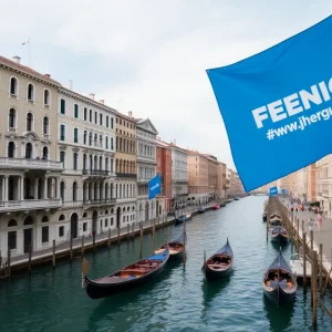 Obituaries Canals of Venice with protest banners in the background.