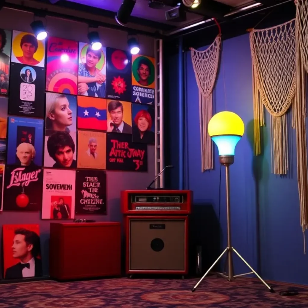 Stage design featuring 1970s music elements like album covers and lava lamps
