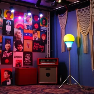 Stage design featuring 1970s music elements like album covers and lava lamps
