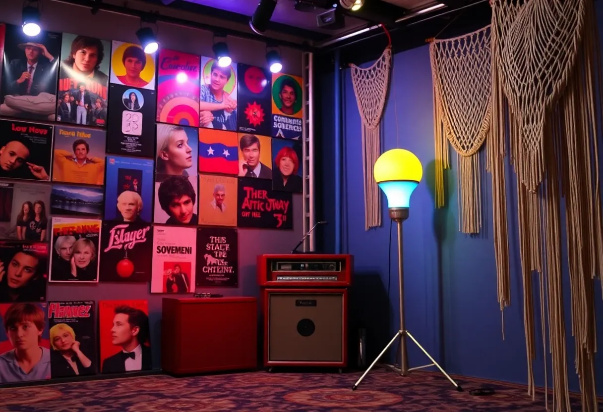 Stage design featuring 1970s music elements like album covers and lava lamps