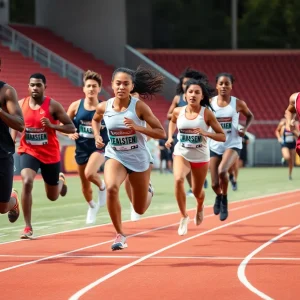 Athletes competing in a track and field event promoting inclusivity