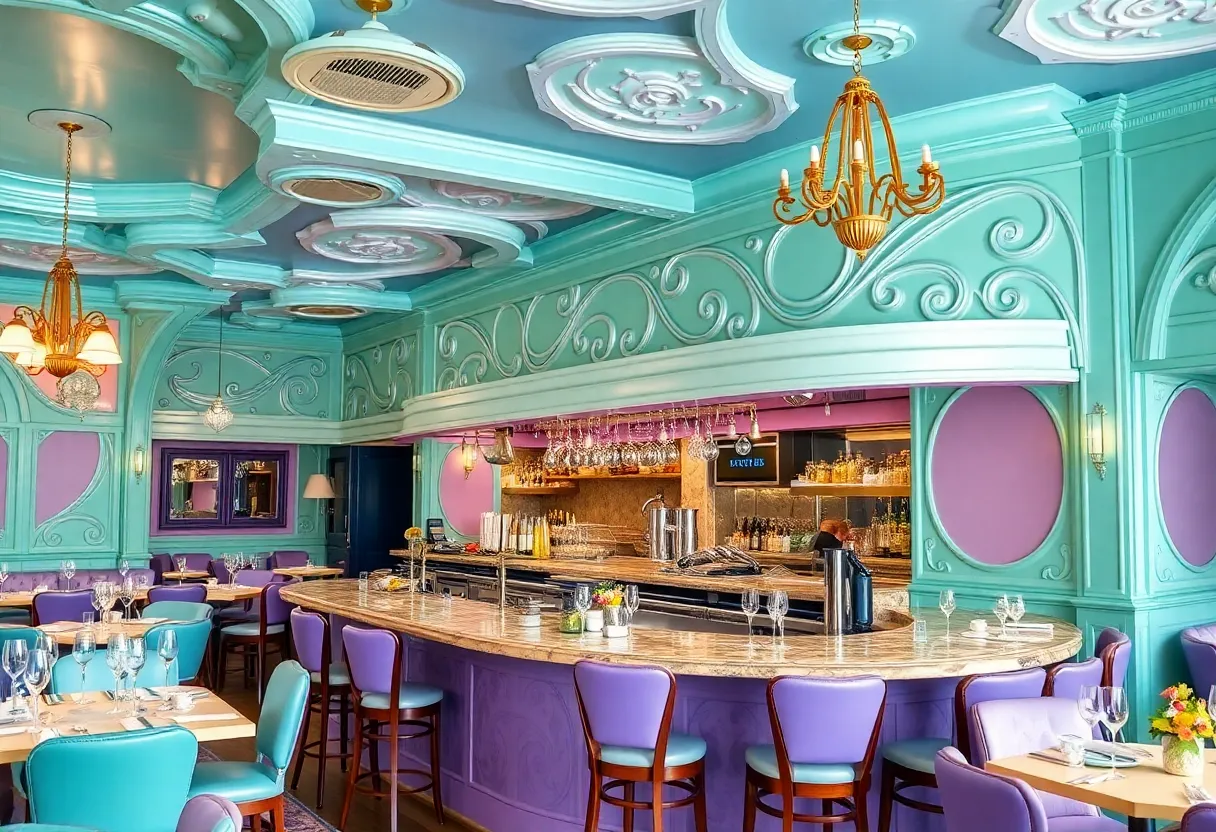 Art nouveau design seafood restaurant interior with an oyster bar