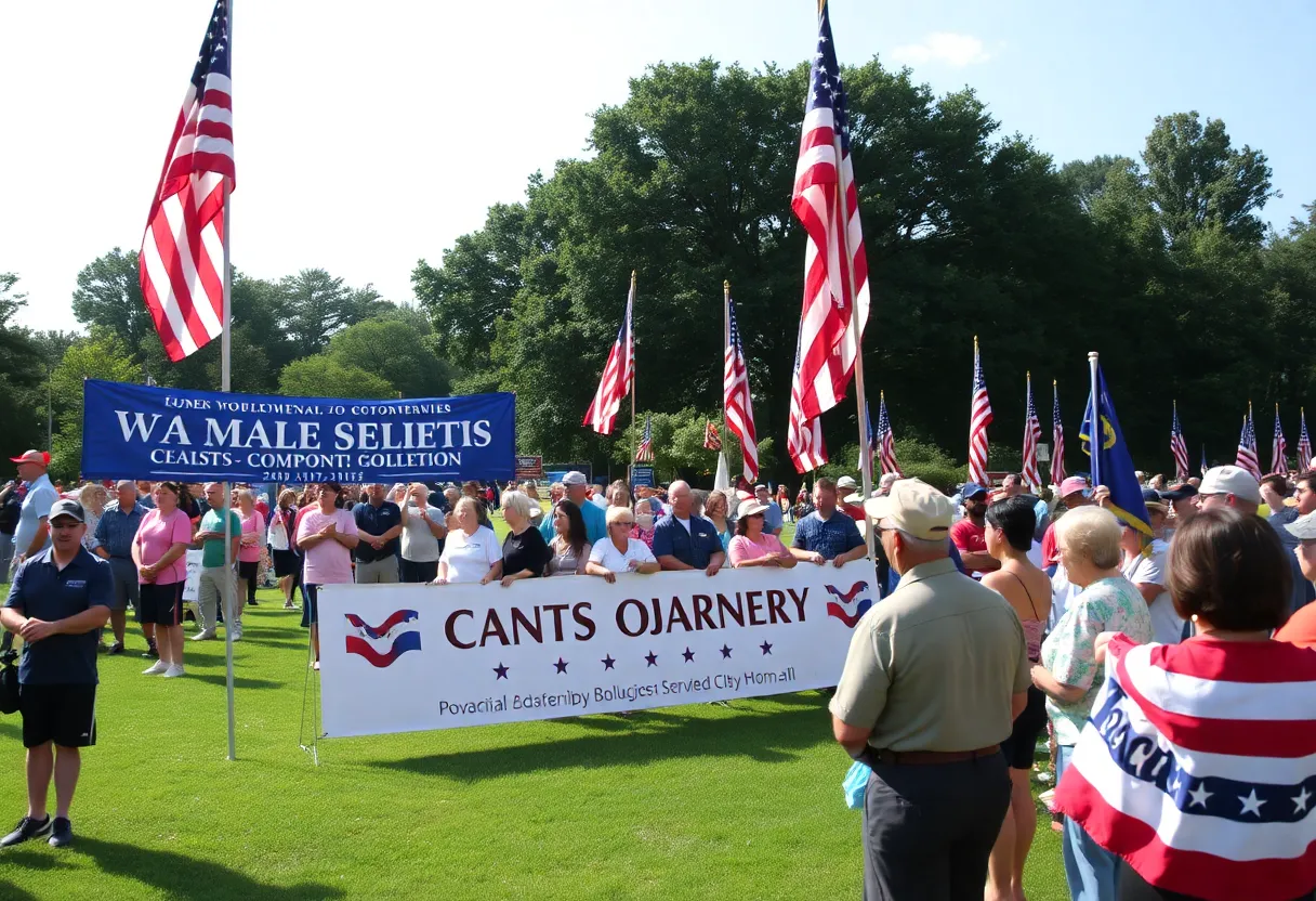 Community celebrating the Avenue of Heroes with banners and flags.