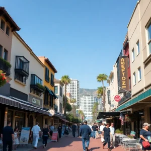 A vibrant California business district with shops and restaurants