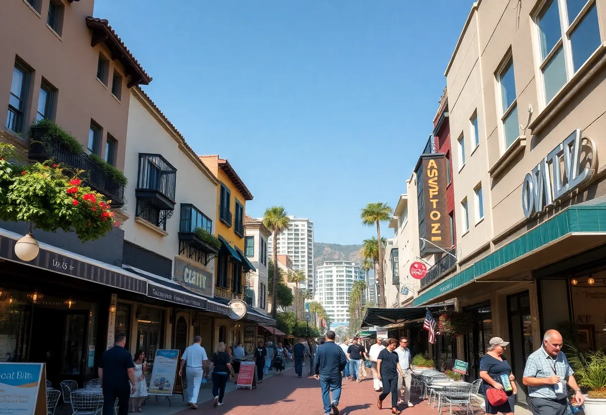 A vibrant California business district with shops and restaurants