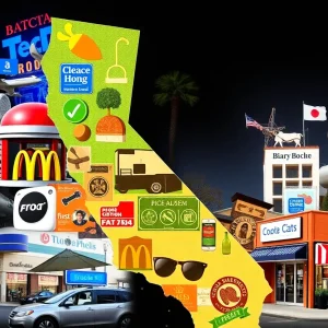 A visual representation of California's economy featuring tech, fast food, and local businesses.