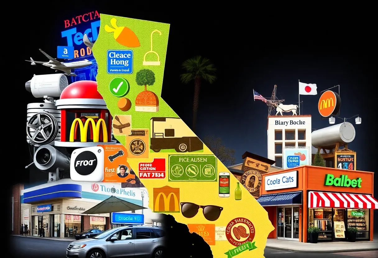 A visual representation of California's economy featuring tech, fast food, and local businesses.