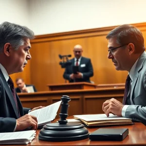Courtroom scene illustrating a legal dispute between California Governor and Fox News.