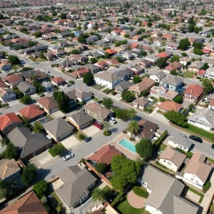 Aerial view showing a mix of investor-owned and traditional homes in California