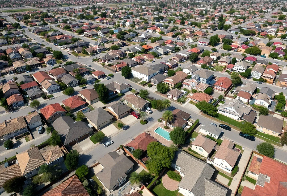 Aerial view showing a mix of investor-owned and traditional homes in California