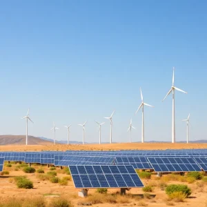 A sunny California landscape featuring solar panels and wind turbines, symbolizing clean energy production.