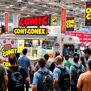 A vibrant scene at Comic-Con with fans around a donut truck promoting a new AppleTV+ series.