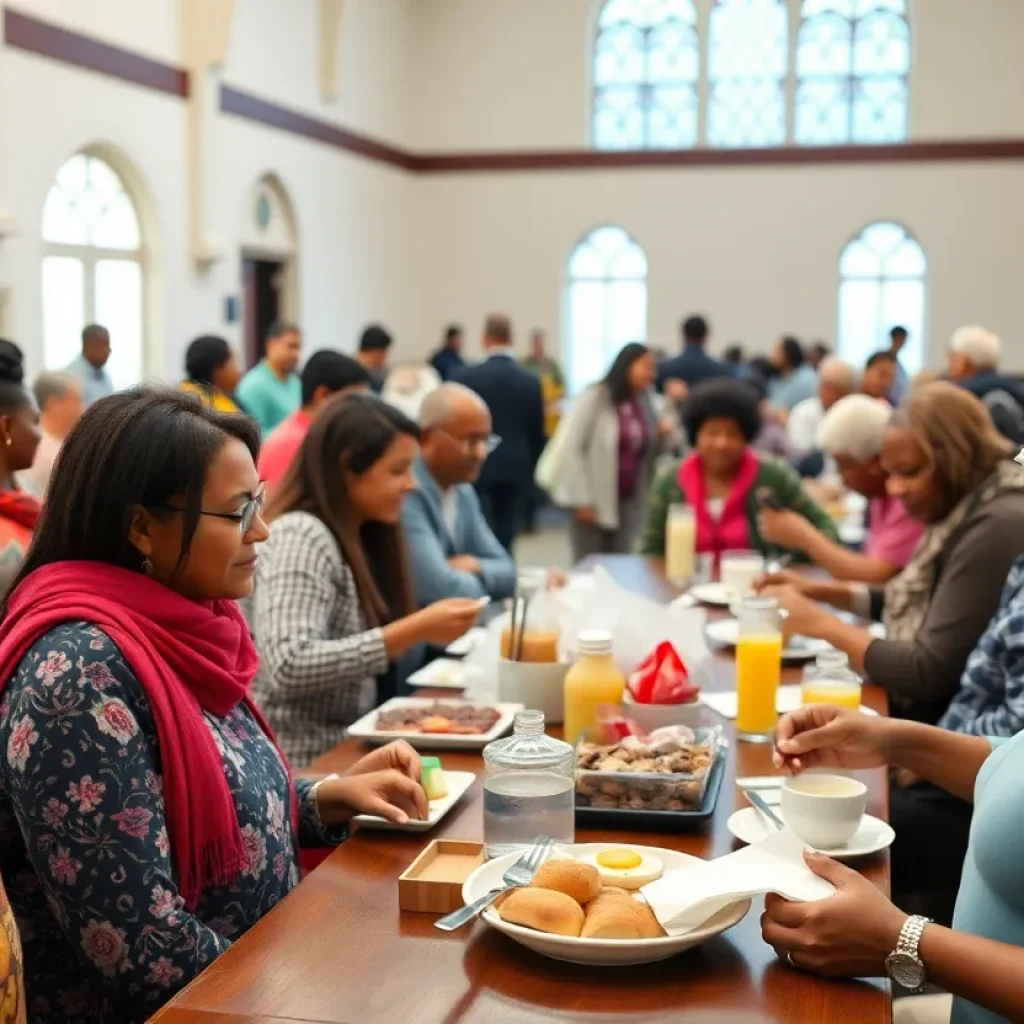Community members enjoying a breakfast event at a church for the homeless