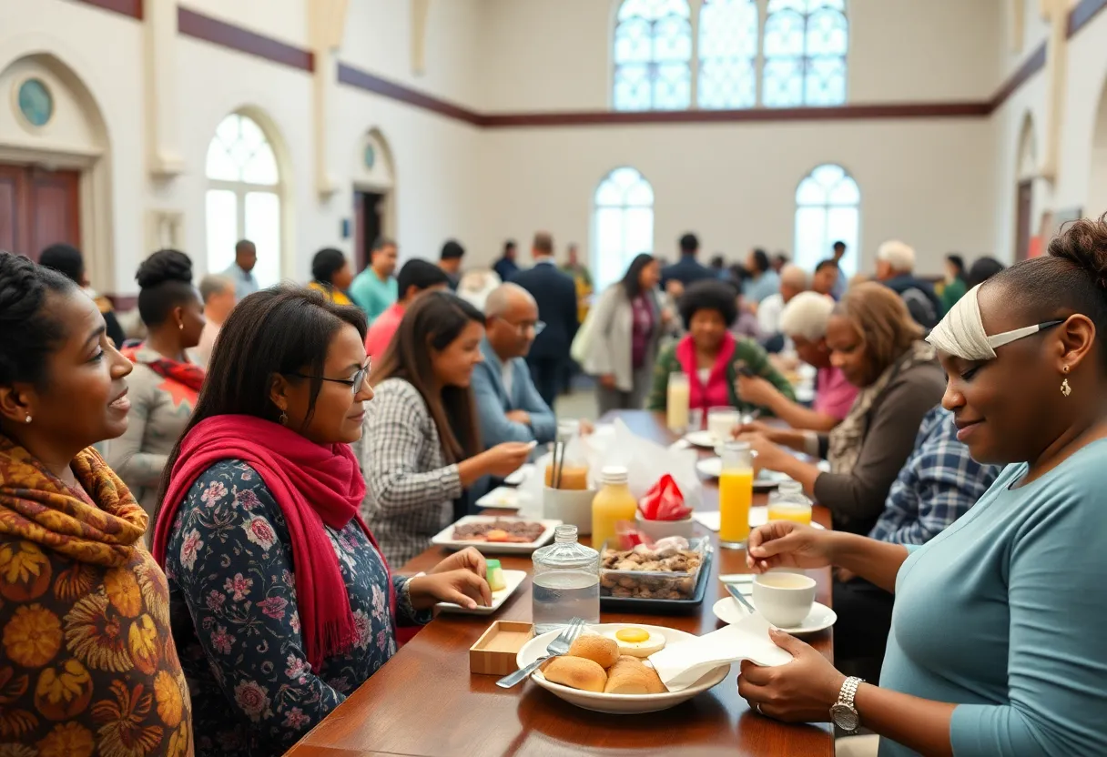 Community members enjoying a breakfast event at a church for the homeless