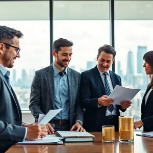 Illustration of financial professionals collaborating for wealth management services