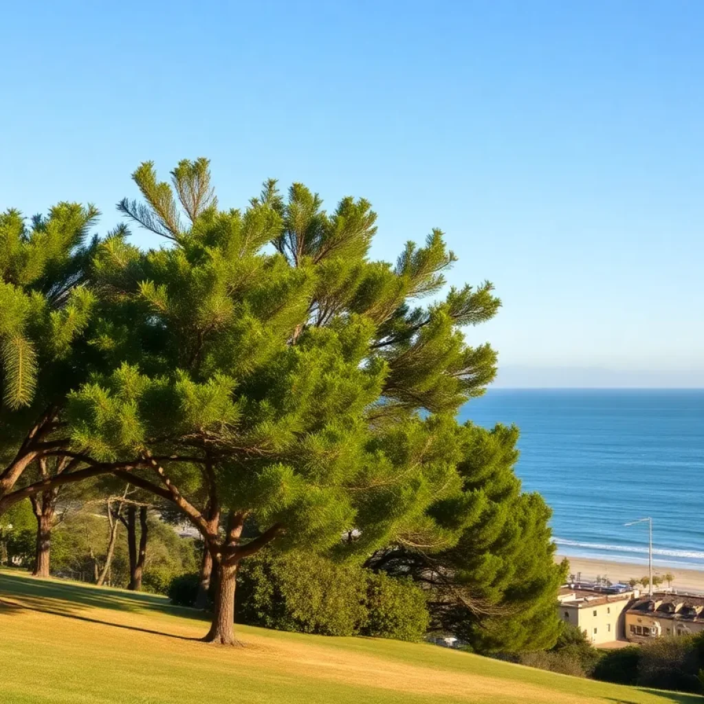 Scenic view of Coronado coastline with trees and ocean