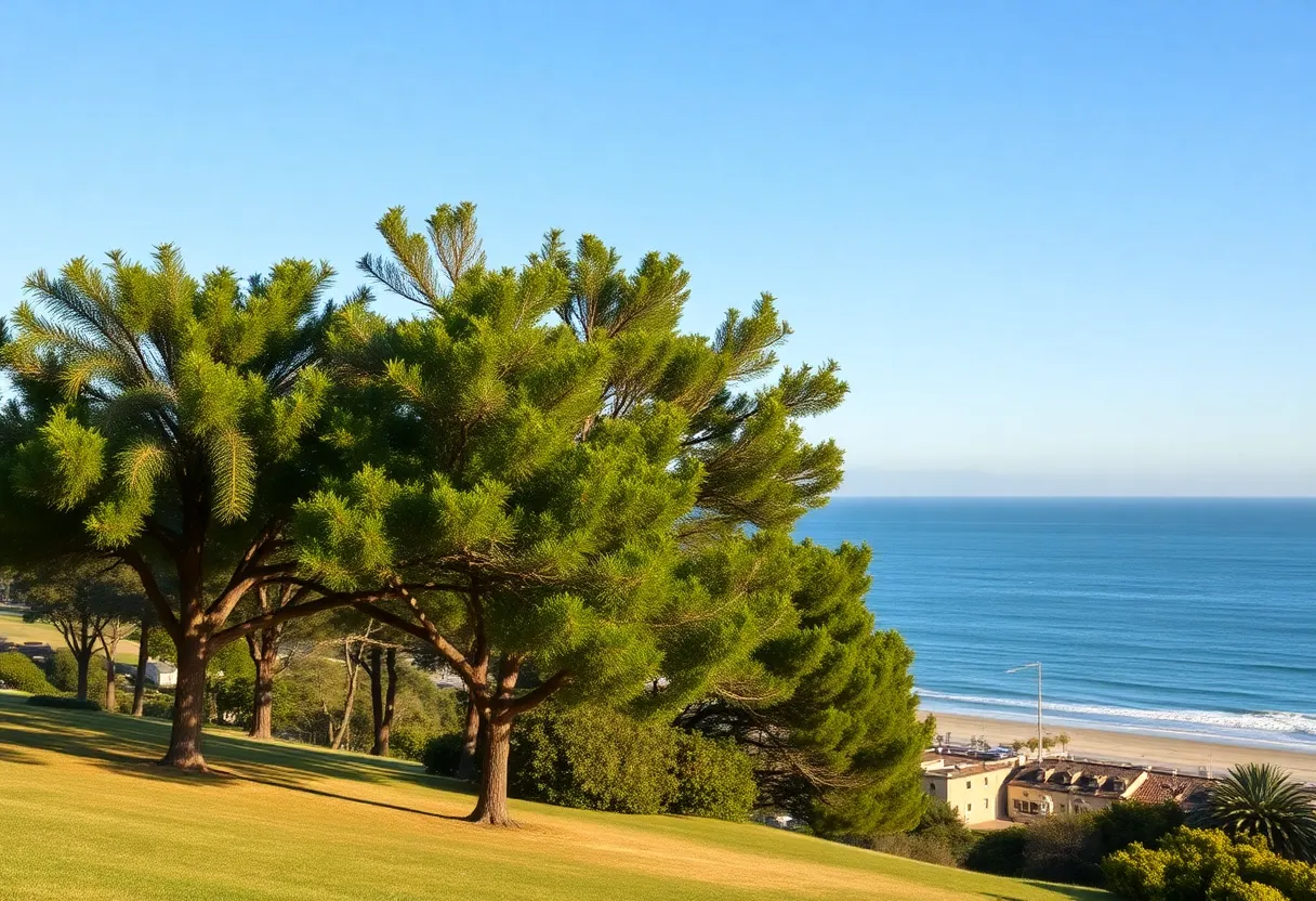 Scenic view of Coronado coastline with trees and ocean