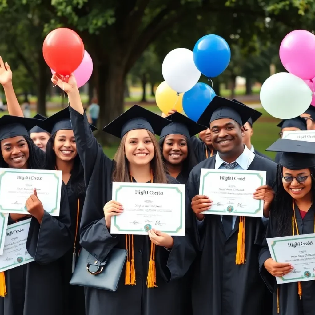 High school graduates celebrating the awarding of scholarships in a park