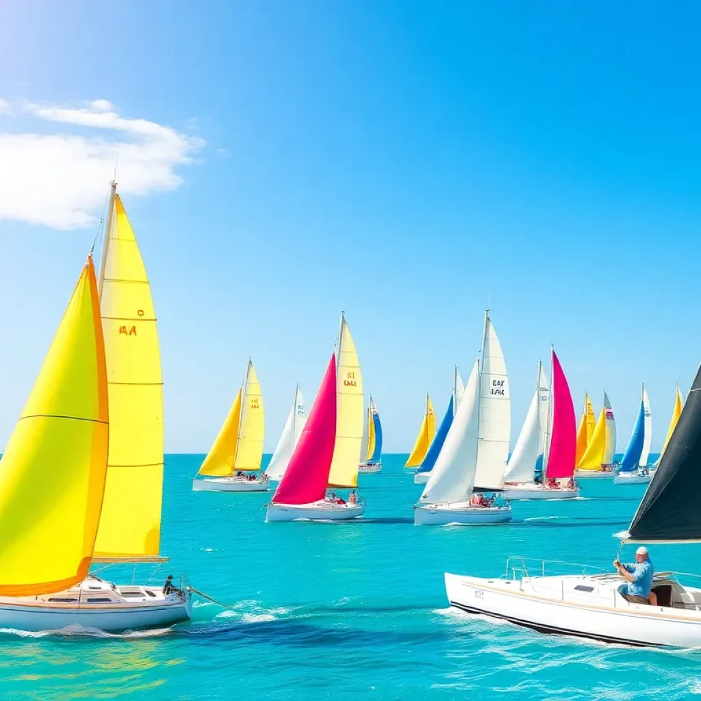 Bright colored sailboats competing in a regatta on a sunny day