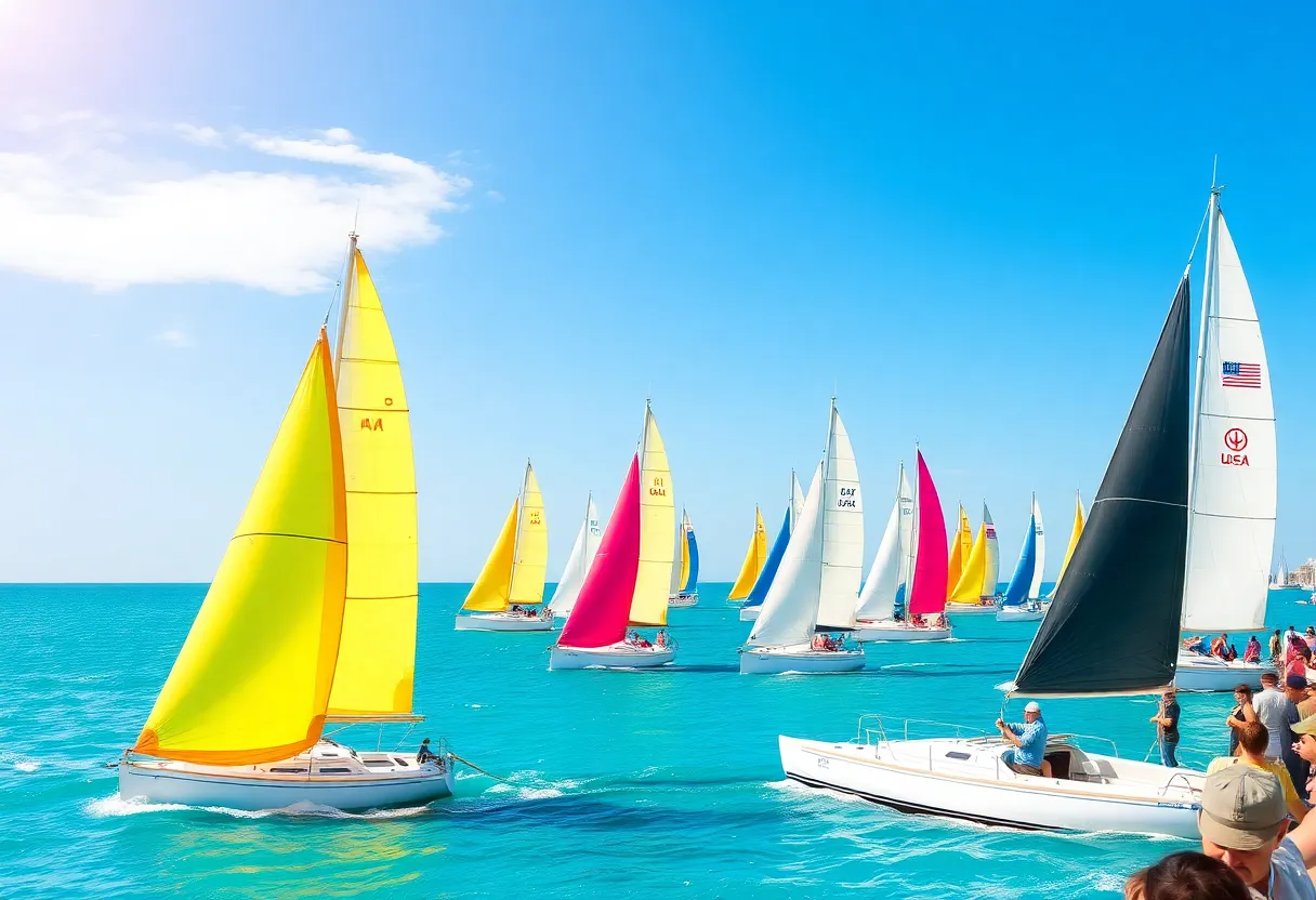 Bright colored sailboats competing in a regatta on a sunny day