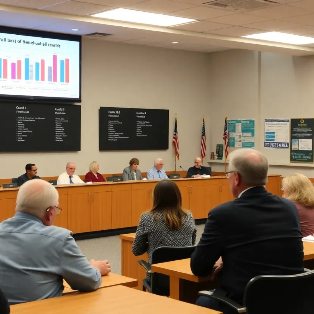 A view of the Coronado School Board meeting discussing budget issues.