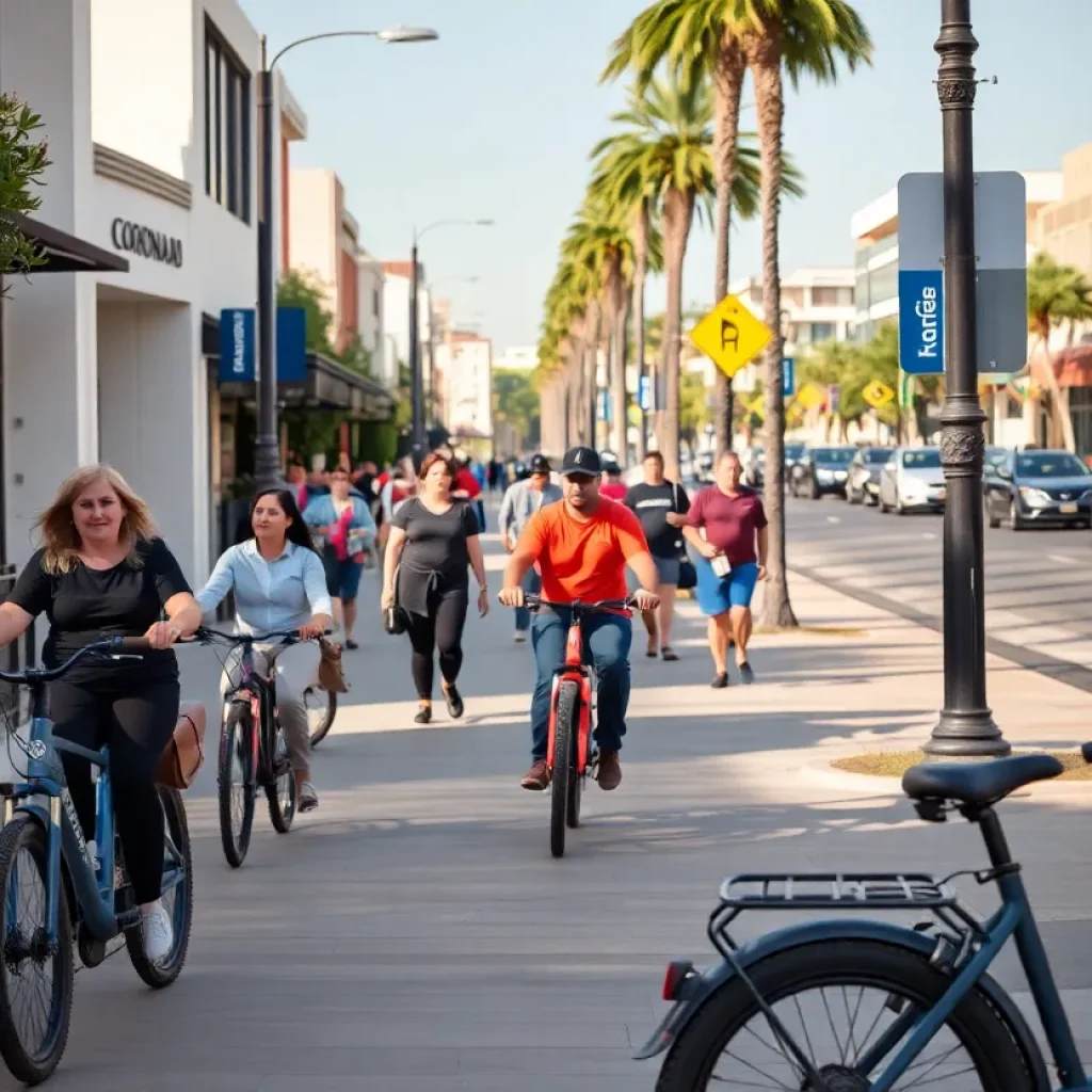 Pedestrians and e-bikes on a Coronado sidewalk