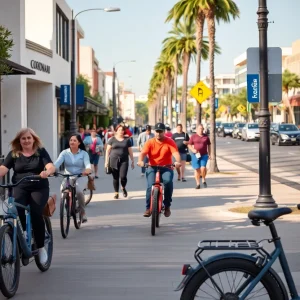 Pedestrians and e-bikes on a Coronado sidewalk