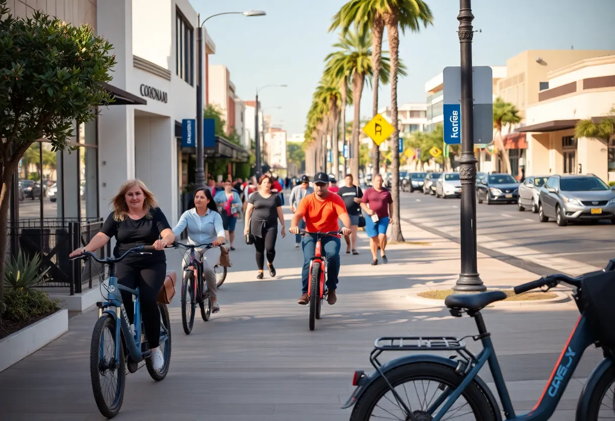 Pedestrians and e-bikes on a Coronado sidewalk