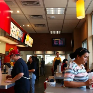 Workers at a California fast-food restaurant during a busy hour.