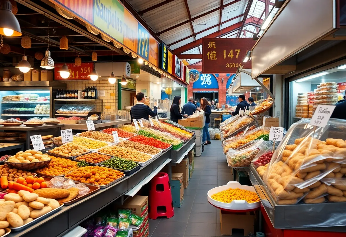 Marketplace with assorted food items for sale at discounted prices