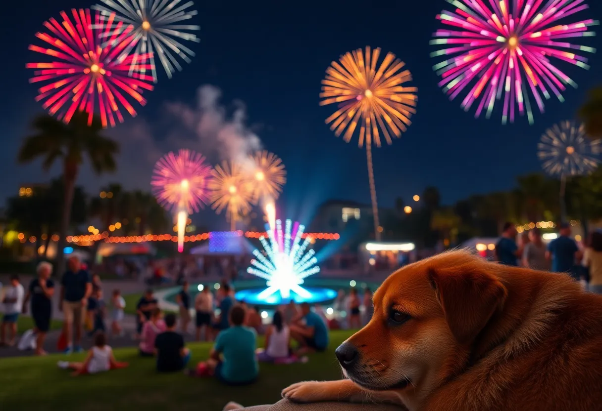 Colorful fireworks over a park during Fourth of July in San Diego