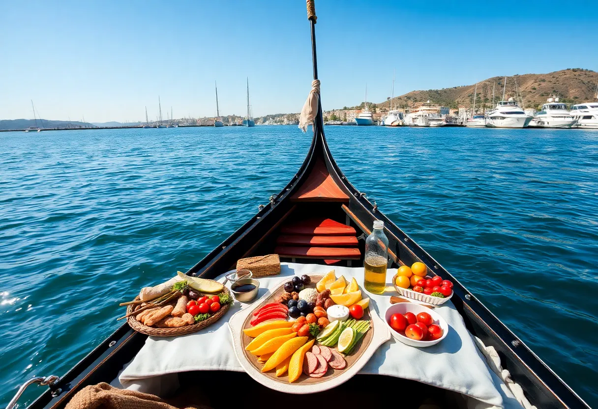 A gondola with a gourmet picnic spread cruising in San Diego Bay