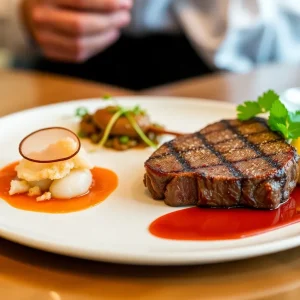 Gourmet three-course meal featuring scallop crudo, wagyu steak, and bread pudding.