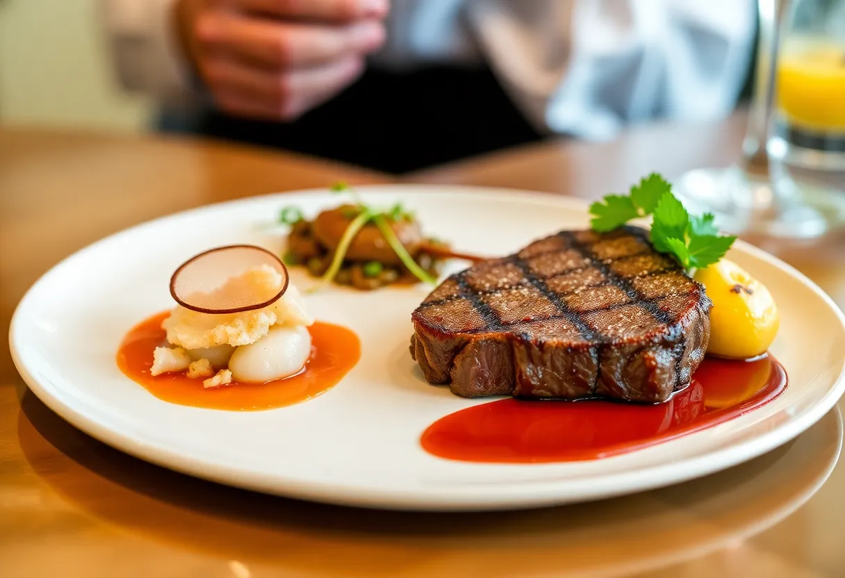 Gourmet three-course meal featuring scallop crudo, wagyu steak, and bread pudding.