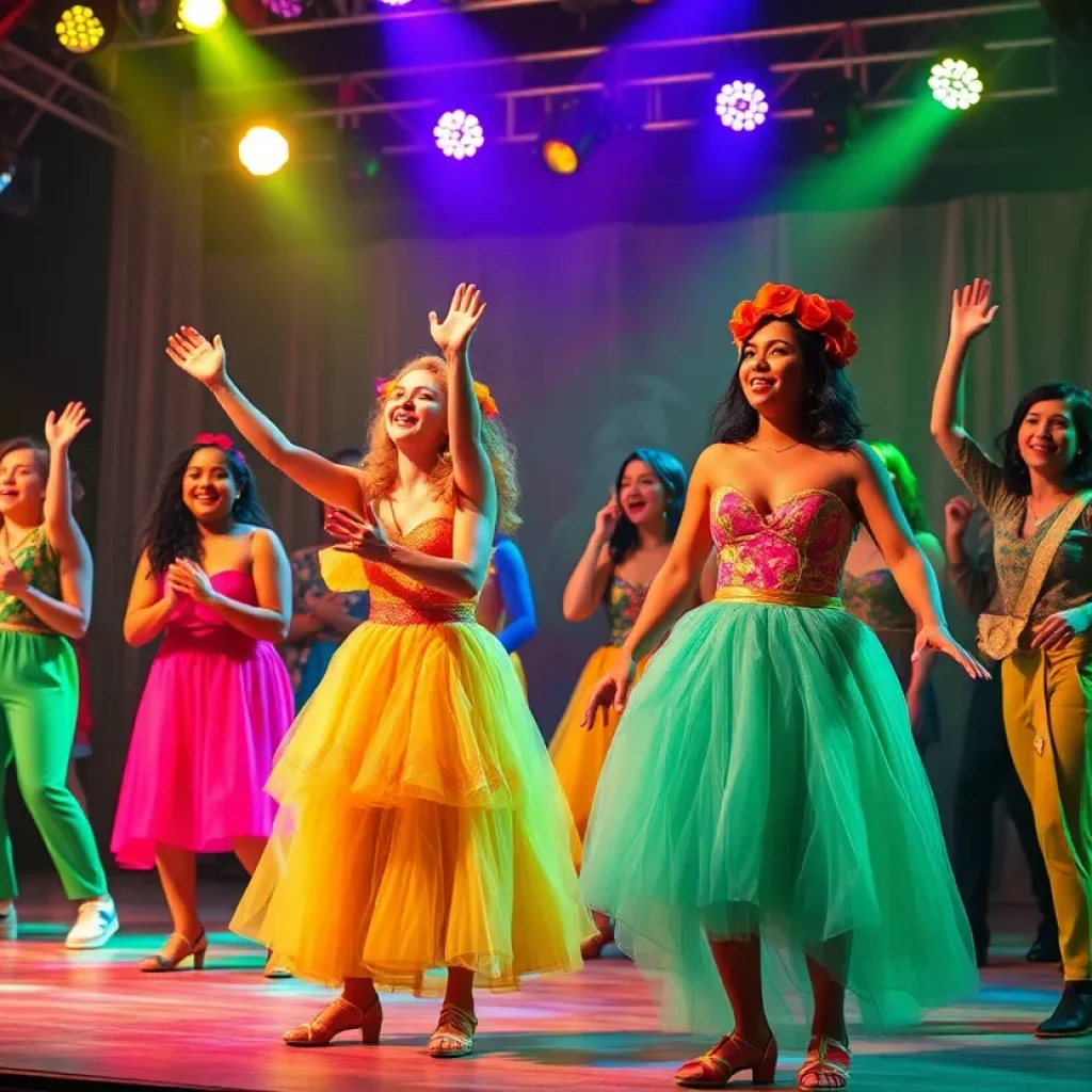 Cast performing in Head Over Heels musical at Coronado Playhouse