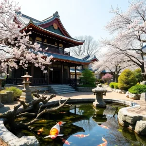 A tranquil Japanese temple garden with cherry blossom trees and koi pond