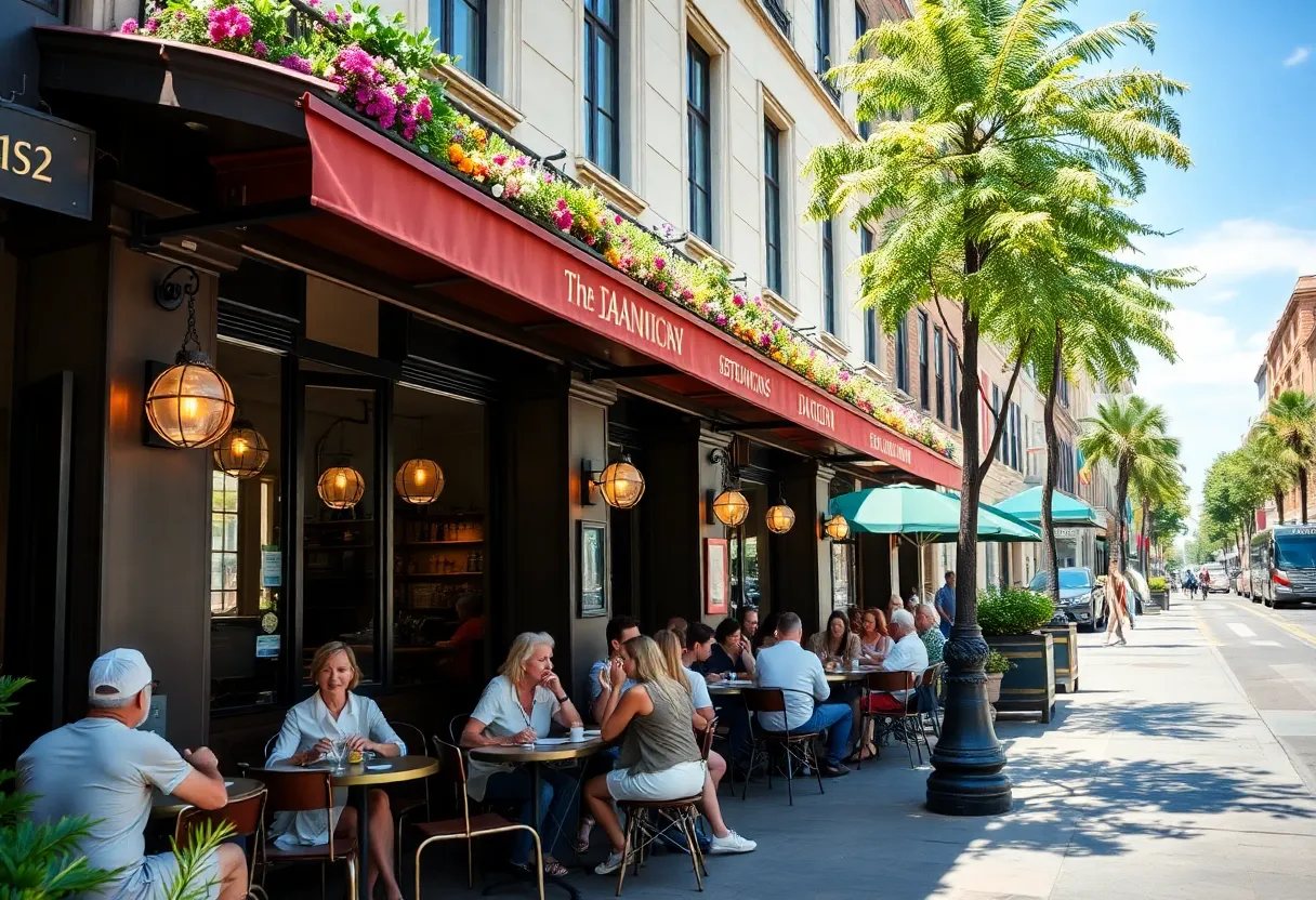 Exterior view of Lion's Share restaurant in downtown San Diego with outdoor seating.