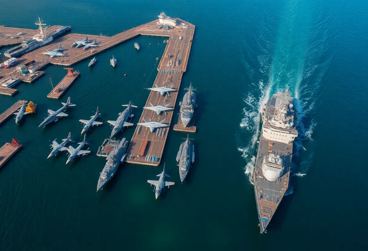 Aerial view of Naval Base Coronado with military assets and personnel.
