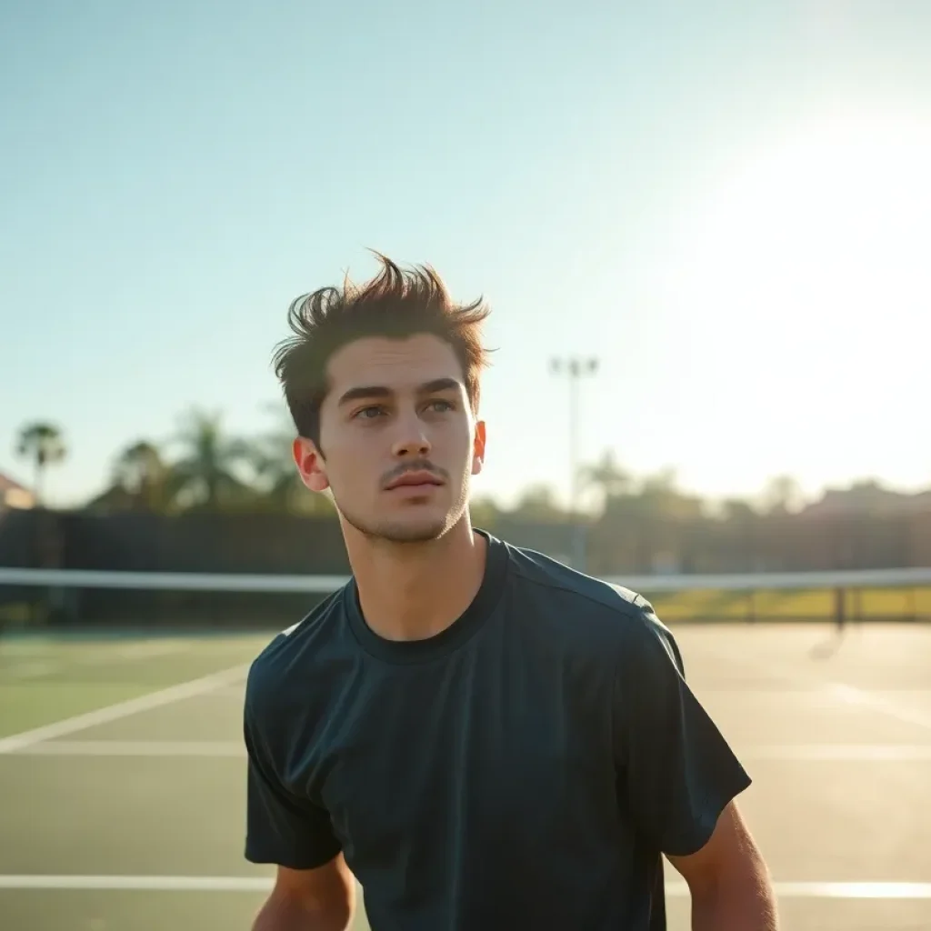 Young male tennis player training on the court