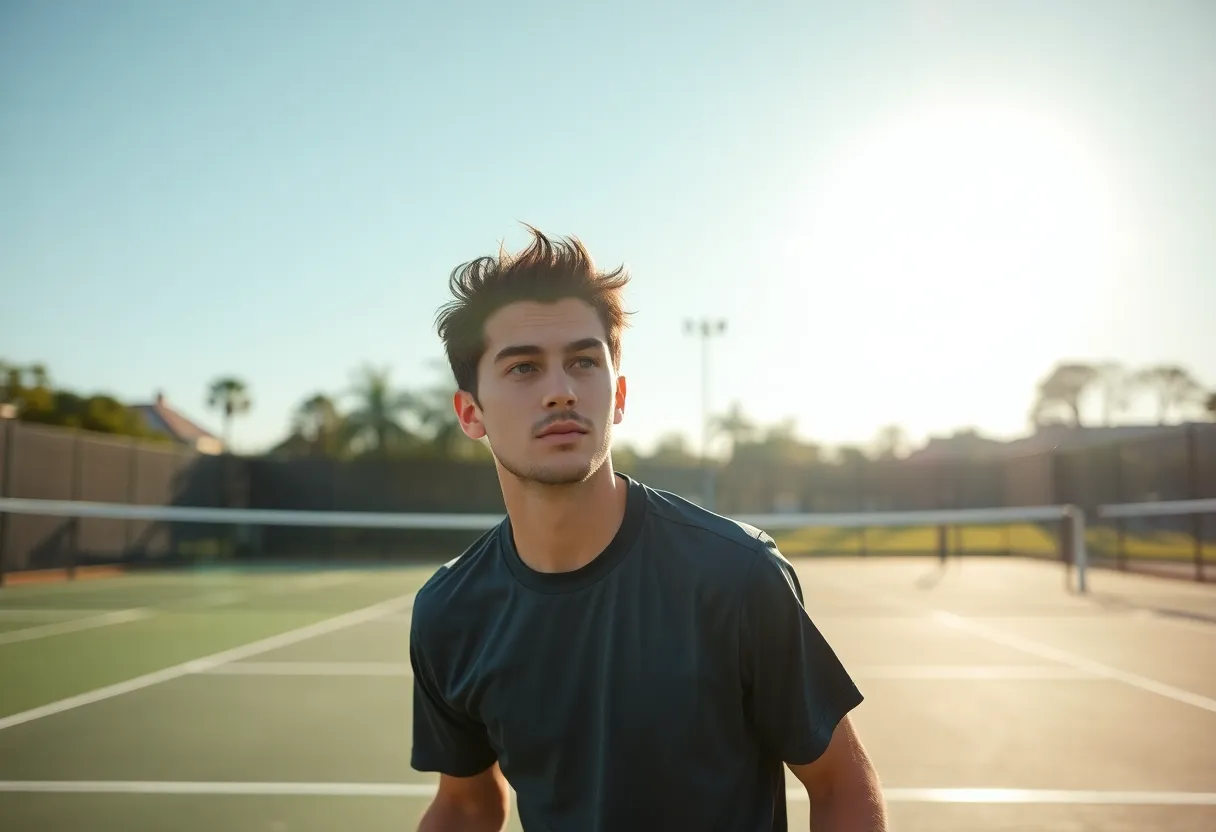 Young male tennis player training on the court