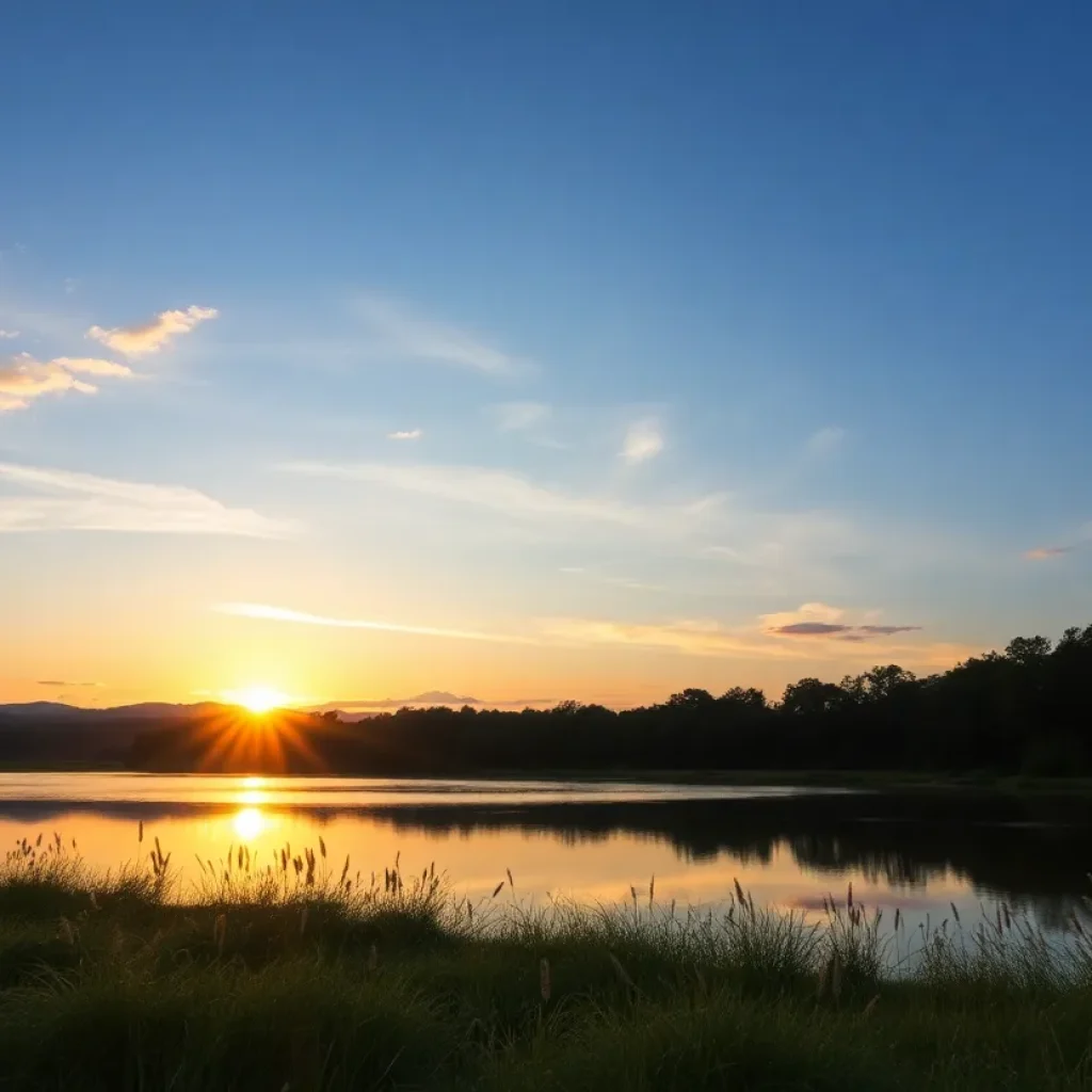 A serene landscape with a sunset, representing tranquility and reflection.