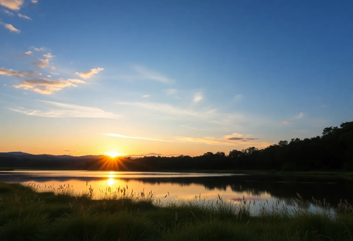 A serene landscape with a sunset, representing tranquility and reflection.