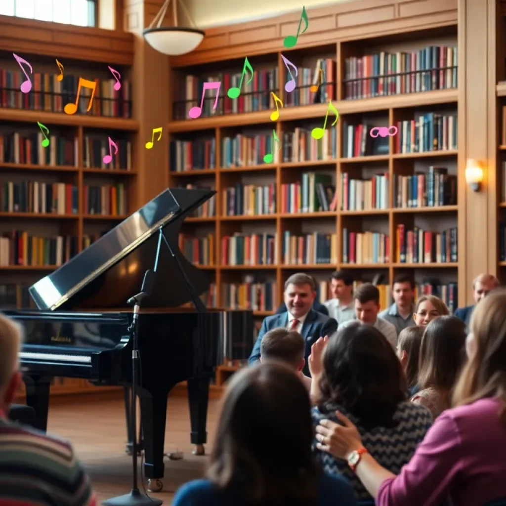 Pianist performing at a library event